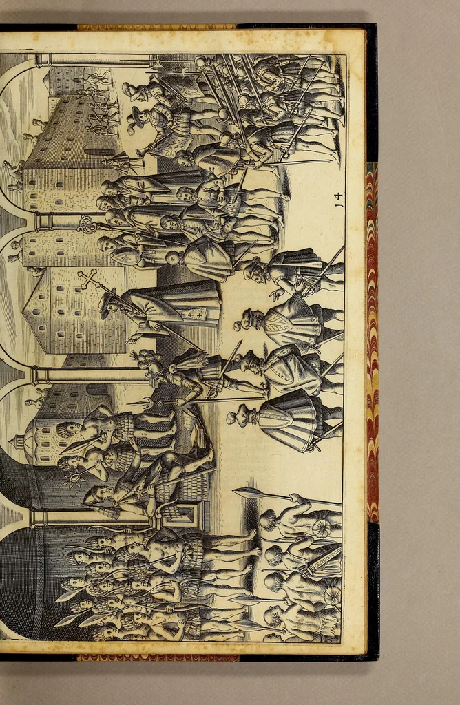 An illustration from Nova typis transacta navigatio. : Novi Orbis Indiæ Occidentalis admodum reverendissimorum PP. ... Dn. Buellii Cataloni abbatis montis Serrati, & in vniversam Americam, sive Novum Orbem sacræ sedis Apostolicæ Romanæ â latere legati, vicarij, ac patriarchæ : sociorumq[ue] monarchorum ex Ordine S.P.N. Benedicti ad suprà dicti Novi Mundi barbaras gentes Christi S. Evangelium prædicandi gratia delegatorum sacerdotum dimissi per S.D.D. Papam Alexandrum VI. Anno Christi. 1492. Nunc primum e varijs scriptoribus in vnum collecta, & figuris ornata., 1621, leaf 113