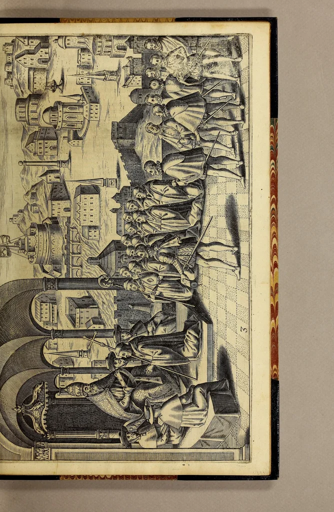 An illustration from Nova typis transacta navigatio. : Novi Orbis Indiæ Occidentalis admodum reverendissimorum PP. ... Dn. Buellii Cataloni abbatis montis Serrati, & in vniversam Americam, sive Novum Orbem sacræ sedis Apostolicæ Romanæ â latere legati, vicarij, ac patriarchæ : sociorumq[ue] monarchorum ex Ordine S.P.N. Benedicti ad suprà dicti Novi Mundi barbaras gentes Christi S. Evangelium prædicandi gratia delegatorum sacerdotum dimissi per S.D.D. Papam Alexandrum VI. Anno Christi. 1492. Nunc primum e varijs scriptoribus in vnum collecta, & figuris ornata., 1621, leaf 47