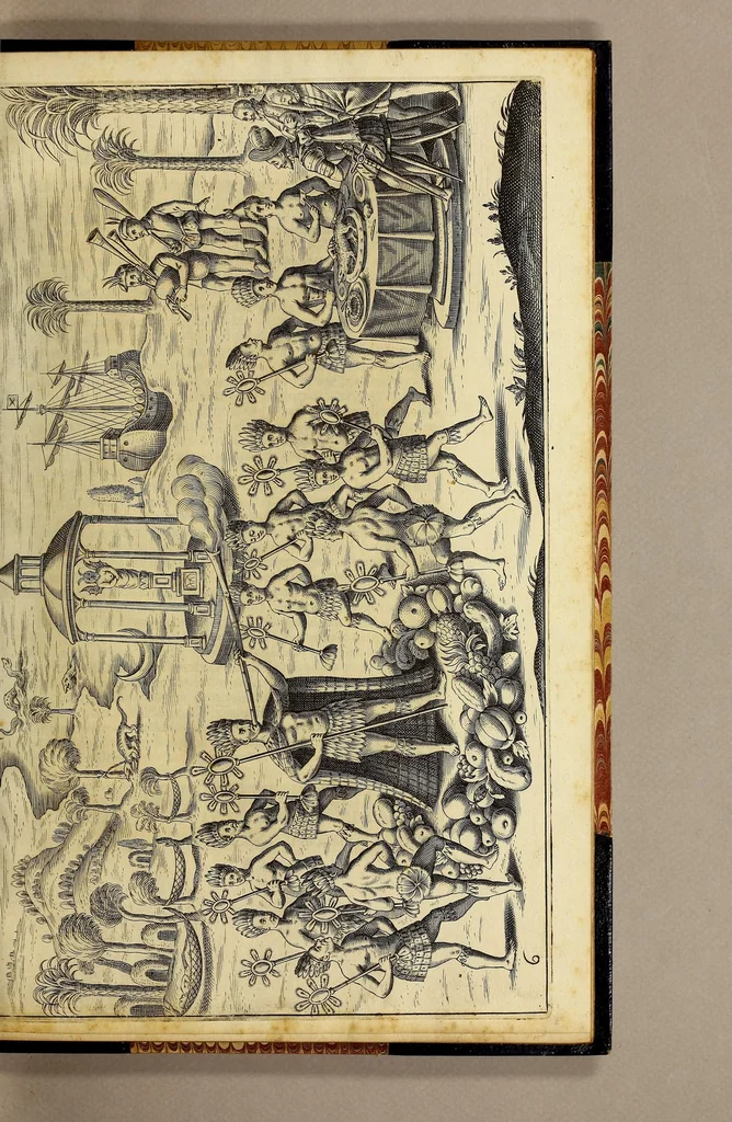 An illustration from Nova typis transacta navigatio. : Novi Orbis Indiæ Occidentalis admodum reverendissimorum PP. ... Dn. Buellii Cataloni abbatis montis Serrati, & in vniversam Americam, sive Novum Orbem sacræ sedis Apostolicæ Romanæ â latere legati, vicarij, ac patriarchæ : sociorumq[ue] monarchorum ex Ordine S.P.N. Benedicti ad suprà dicti Novi Mundi barbaras gentes Christi S. Evangelium prædicandi gratia delegatorum sacerdotum dimissi per S.D.D. Papam Alexandrum VI. Anno Christi. 1492. Nunc primum e varijs scriptoribus in vnum collecta, & figuris ornata., 1621, leaf 61