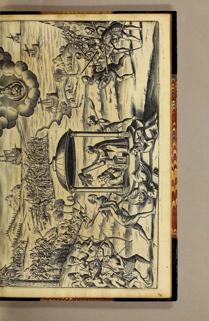 An illustration from Nova typis transacta navigatio. : Novi Orbis Indiæ Occidentalis admodum reverendissimorum PP. ... Dn. Buellii Cataloni abbatis montis Serrati, & in vniversam Americam, sive Novum Orbem sacræ sedis Apostolicæ Romanæ â latere legati, vicarij, ac patriarchæ : sociorumq[ue] monarchorum ex Ordine S.P.N. Benedicti ad suprà dicti Novi Mundi barbaras gentes Christi S. Evangelium prædicandi gratia delegatorum sacerdotum dimissi per S.D.D. Papam Alexandrum VI. Anno Christi. 1492. Nunc primum e varijs scriptoribus in vnum collecta, & figuris ornata., 1621, leaf 77