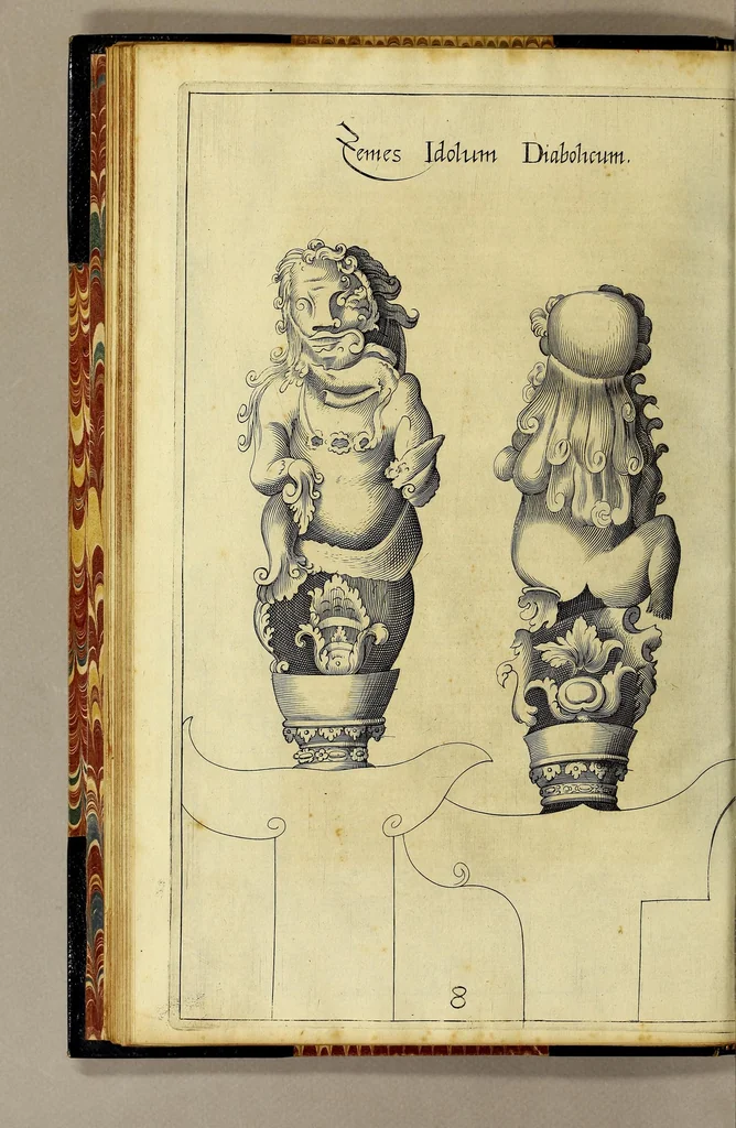 An illustration from Nova typis transacta navigatio. : Novi Orbis Indiæ Occidentalis admodum reverendissimorum PP. ... Dn. Buellii Cataloni abbatis montis Serrati, & in vniversam Americam, sive Novum Orbem sacræ sedis Apostolicæ Romanæ â latere legati, vicarij, ac patriarchæ : sociorumq[ue] monarchorum ex Ordine S.P.N. Benedicti ad suprà dicti Novi Mundi barbaras gentes Christi S. Evangelium prædicandi gratia delegatorum sacerdotum dimissi per S.D.D. Papam Alexandrum VI. Anno Christi. 1492. Nunc primum e varijs scriptoribus in vnum collecta, & figuris ornata., 1621, leaf 80