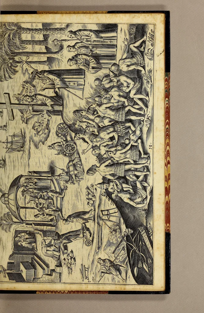 An illustration from Nova typis transacta navigatio. : Novi Orbis Indiæ Occidentalis admodum reverendissimorum PP. ... Dn. Buellii Cataloni abbatis montis Serrati, & in vniversam Americam, sive Novum Orbem sacræ sedis Apostolicæ Romanæ â latere legati, vicarij, ac patriarchæ : sociorumq[ue] monarchorum ex Ordine S.P.N. Benedicti ad suprà dicti Novi Mundi barbaras gentes Christi S. Evangelium prædicandi gratia delegatorum sacerdotum dimissi per S.D.D. Papam Alexandrum VI. Anno Christi. 1492. Nunc primum e varijs scriptoribus in vnum collecta, & figuris ornata., 1621, leaf 91
