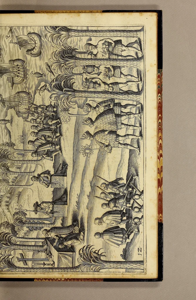 An illustration from Nova typis transacta navigatio. : Novi Orbis Indiæ Occidentalis admodum reverendissimorum PP. ... Dn. Buellii Cataloni abbatis montis Serrati, & in vniversam Americam, sive Novum Orbem sacræ sedis Apostolicæ Romanæ â latere legati, vicarij, ac patriarchæ : sociorumq[ue] monarchorum ex Ordine S.P.N. Benedicti ad suprà dicti Novi Mundi barbaras gentes Christi S. Evangelium prædicandi gratia delegatorum sacerdotum dimissi per S.D.D. Papam Alexandrum VI. Anno Christi. 1492. Nunc primum e varijs scriptoribus in vnum collecta, & figuris ornata., 1621, leaf 99