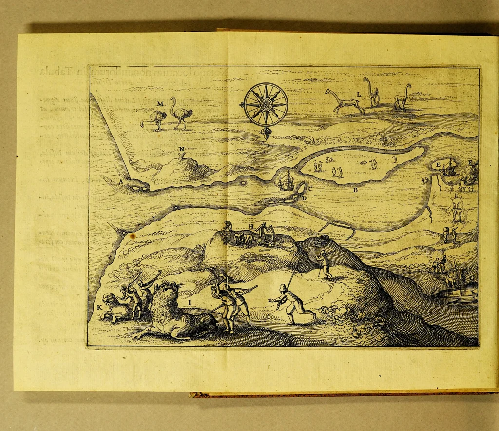 An illustration from Novi freti, a parte meridionali freti Magellanici, in Magnum Mare Australe detectio. : Facta laboriosissimo & periculosissimo itinere à Guilielmo Cornelij Schoutenio Hornano, annis 1615, 1616, & 1617, totum orbem terrarum circumnavigante, 1619, leaf 38