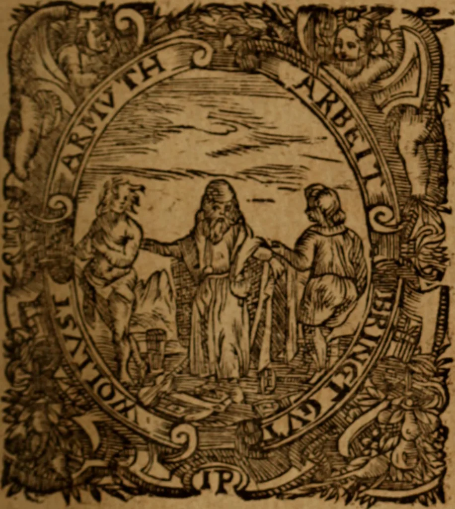 An illustration from Novi Jesu Christi Testamenti Græco Latino Germanicæ novæ editionis, pars prima : in qua una cum pietate, et verbis æternævitæ, tres linguæ, vel solæ, vel inter se collatæ unâ operâ & propemodum simul legi, & addisci compediosè à junioribus possint ... studio Eilhardi Ludbini .., 1617, leaf 906
