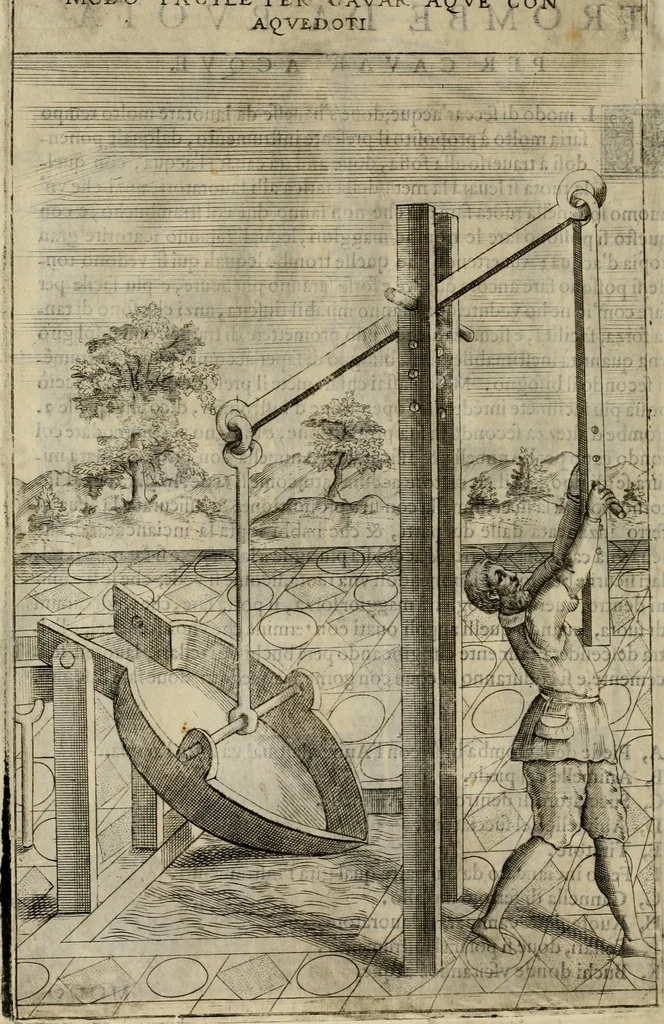 An illustration from Novo teatro di machine et edificii per uarie et sicure operationi : co[n] le loro figure tagliate in rame é la dichiaratione, e dimostratione di ciascuna : opera necesaria ad architetti, e a quelli, ch[e] di tale studio si dilettano, 1607, leaf 129