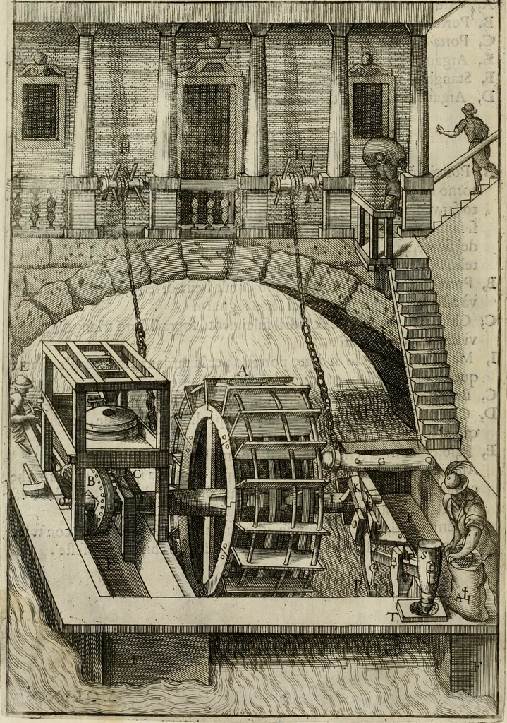 An illustration from Novo teatro di machine et edificii per uarie et sicure operationi : co[n] le loro figure tagliate in rame é la dichiaratione, e dimostratione di ciascuna : opera necesaria ad architetti, e a quelli, ch[e] di tale studio si dilettano, 1607, leaf 27