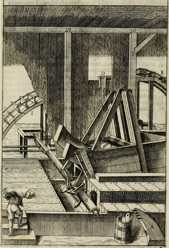 An illustration from Novo teatro di machine et edificii per uarie et sicure operationi : co[n] le loro figure tagliate in rame é la dichiaratione, e dimostratione di ciascuna : opera necesaria ad architetti, e a quelli, ch[e] di tale studio si dilettano, 1607, leaf 55