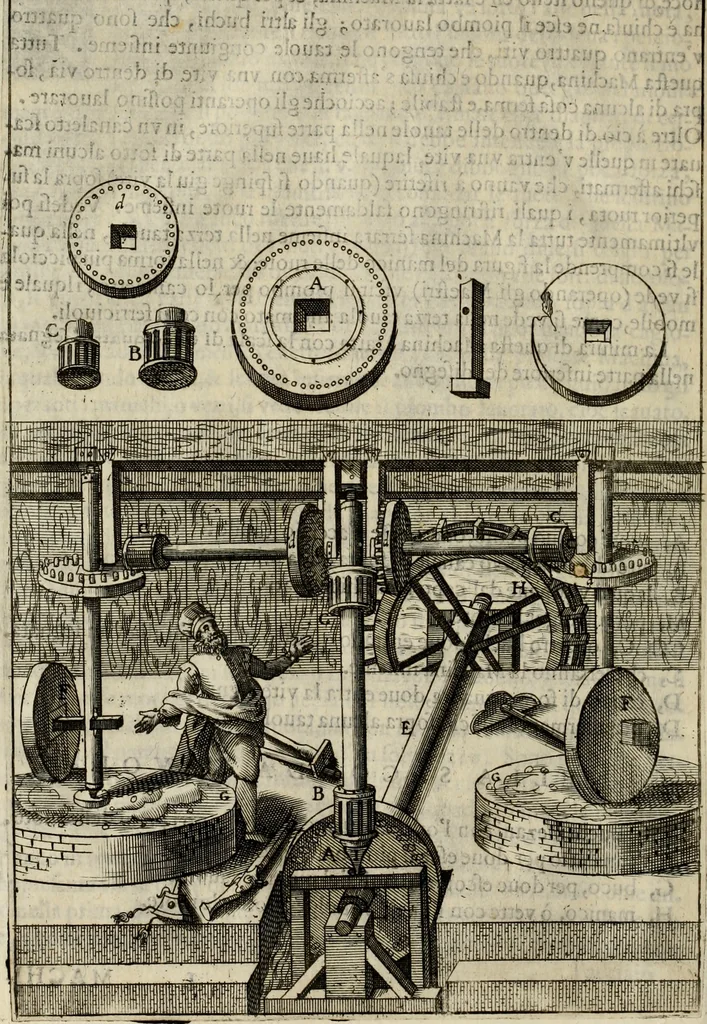 An illustration from Novo teatro di machine et edificii per uarie et sicure operationi : co[n] le loro figure tagliate in rame é la dichiaratione, e dimostratione di ciascuna : opera necesaria ad architetti, e a quelli, ch[e] di tale studio si dilettano, 1607, leaf 95