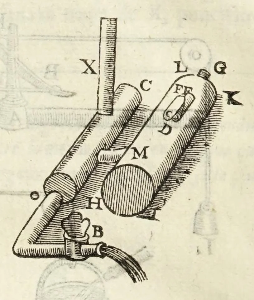 An illustration from Novvelle invention de lever l'eav plvs havlt que sa source : auec quelques machines mouantes par le moyen de l'eau et vn discours de la conduite d'ycelle, 1644, leaf 22