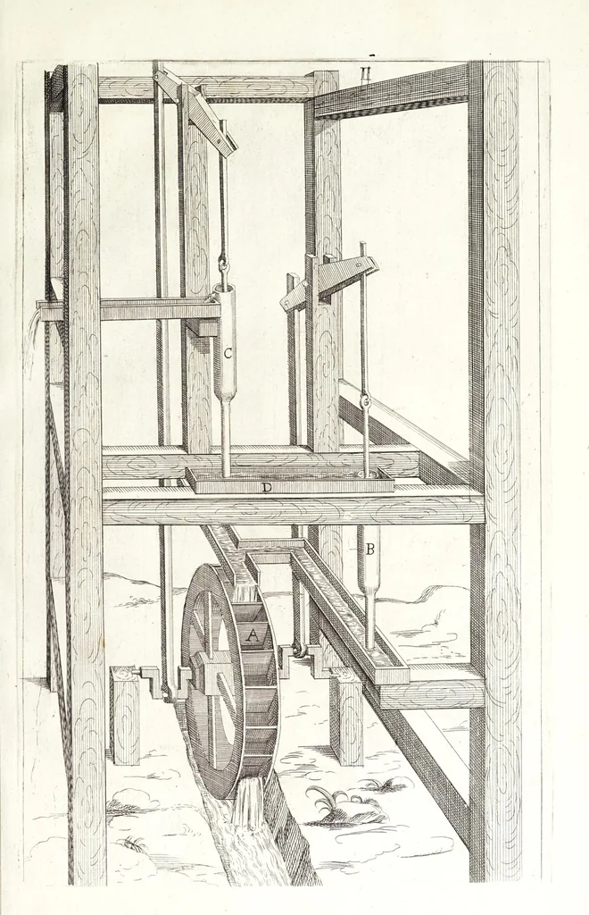 An illustration from Novvelle invention de lever l'eav plvs havlt que sa source : auec quelques machines mouantes par le moyen de l'eau et vn discours de la conduite d'ycelle, 1644, leaf 43