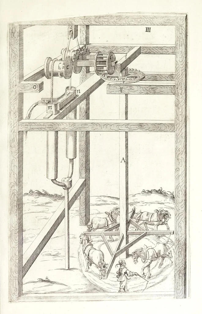 An illustration from Novvelle invention de lever l'eav plvs havlt que sa source : auec quelques machines mouantes par le moyen de l'eau et vn discours de la conduite d'ycelle, 1644, leaf 45