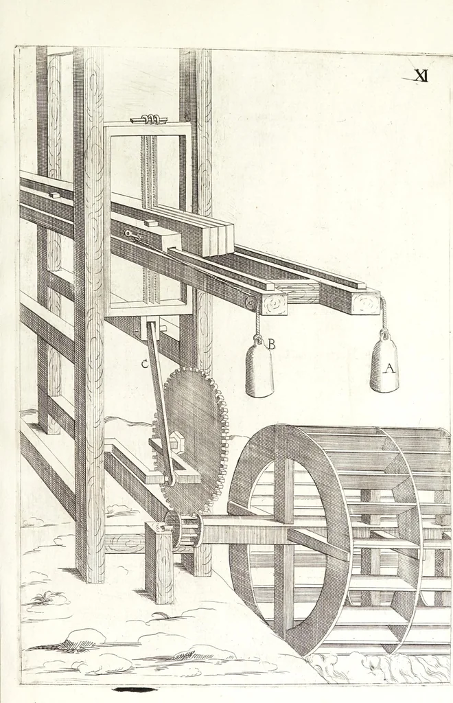 An illustration from Novvelle invention de lever l'eav plvs havlt que sa source : auec quelques machines mouantes par le moyen de l'eau et vn discours de la conduite d'ycelle, 1644, leaf 61