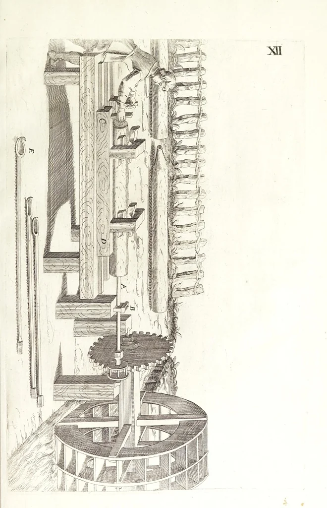 An illustration from Novvelle invention de lever l'eav plvs havlt que sa source : auec quelques machines mouantes par le moyen de l'eau et vn discours de la conduite d'ycelle, 1644, leaf 63