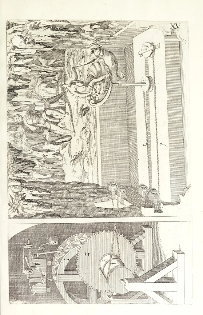An illustration from Novvelle invention de lever l'eav plvs havlt que sa source : auec quelques machines mouantes par le moyen de l'eau et vn discours de la conduite d'ycelle, 1644, leaf 69