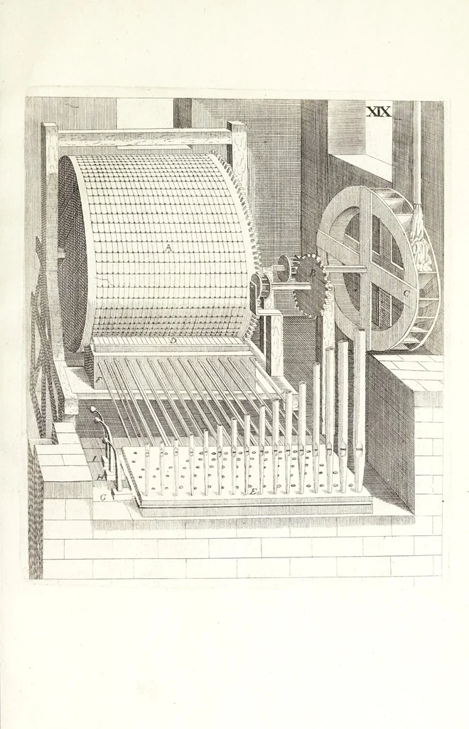 An illustration from Novvelle invention de lever l'eav plvs havlt que sa source : auec quelques machines mouantes par le moyen de l'eau et vn discours de la conduite d'ycelle, 1644, leaf 77