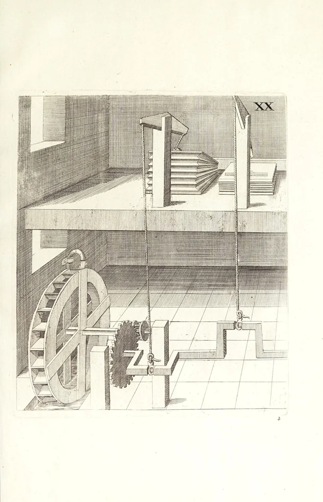 An illustration from Novvelle invention de lever l'eav plvs havlt que sa source : auec quelques machines mouantes par le moyen de l'eau et vn discours de la conduite d'ycelle, 1644, leaf 79