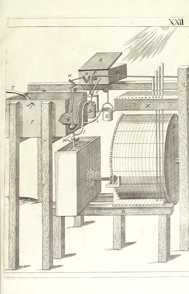 An illustration from Novvelle invention de lever l'eav plvs havlt que sa source : auec quelques machines mouantes par le moyen de l'eau et vn discours de la conduite d'ycelle, 1644, leaf 83