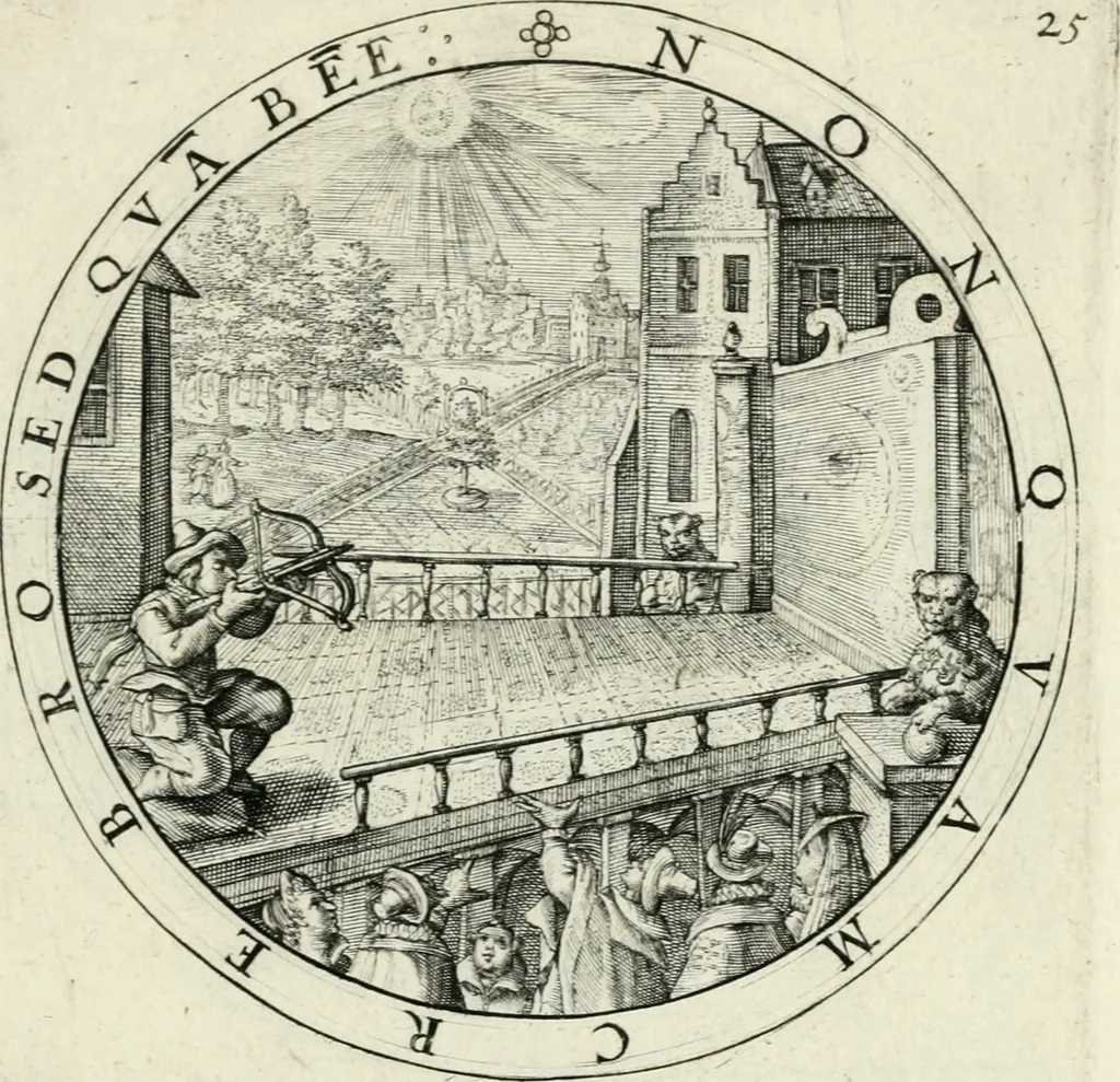 An illustration from Nucleus emblematum selectissimorum : quae Itali vulgo impresas vocant : priuata industria, studio singulari, vndiq[ue] conquisitus, non paucis venustis inuentionibus auctus, additis carminib[us] illustratus, 1611, leaf 102