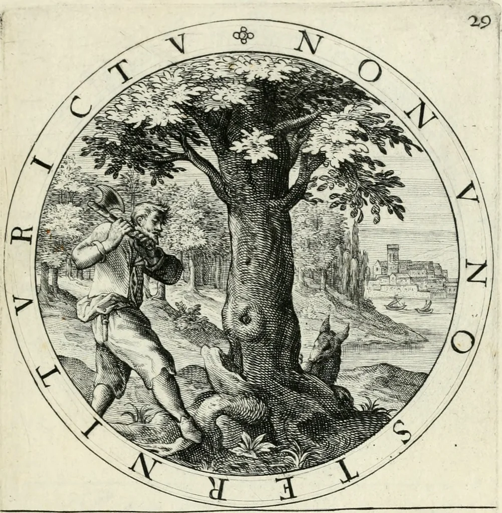 An illustration from Nucleus emblematum selectissimorum : quae Itali vulgo impresas vocant : priuata industria, studio singulari, vndiq[ue] conquisitus, non paucis venustis inuentionibus auctus, additis carminib[us] illustratus, 1611, leaf 110