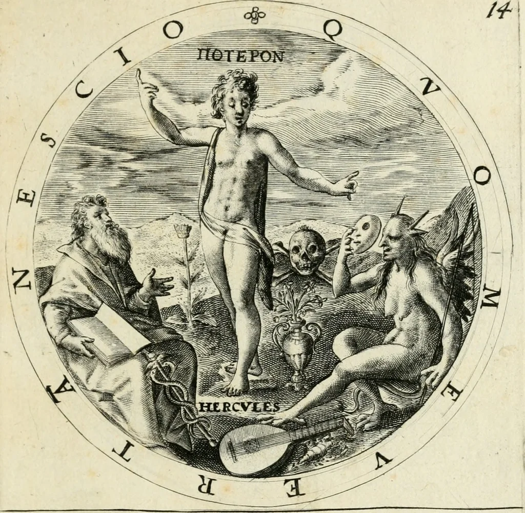 An illustration from Nucleus emblematum selectissimorum : quae Itali vulgo impresas vocant : priuata industria, studio singulari, vndiq[ue] conquisitus, non paucis venustis inuentionibus auctus, additis carminib[us] illustratus, 1611, leaf 80