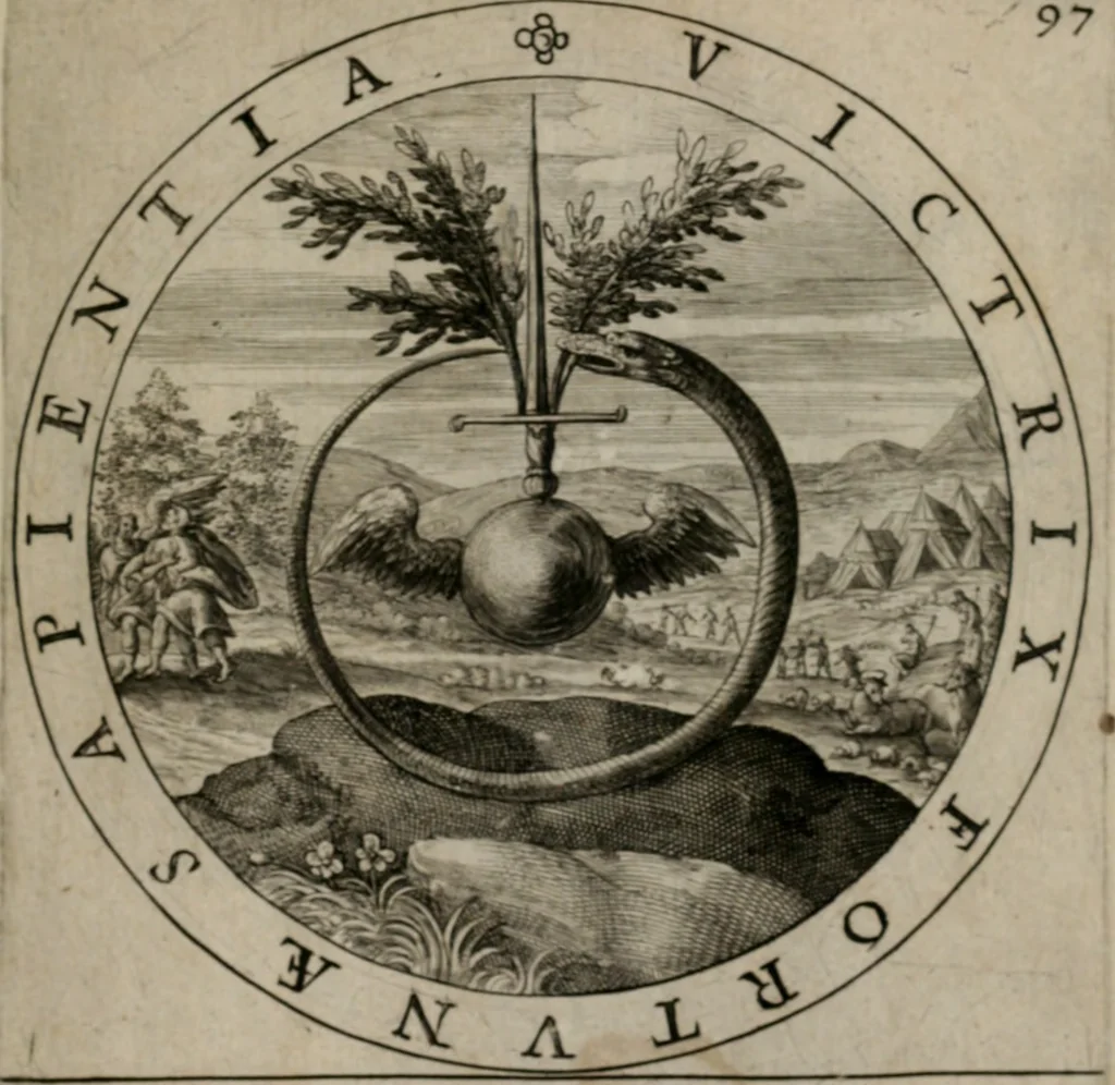 An illustration from Nucleus emblematum selectissimorum : quae Itali vulgo impresas vocant priuata industria studio singulari, vndiq[e] conquisitus, non paucis venustis inuentionibus auctus, additis carminib[us] illustratus, 1611, leaf 206