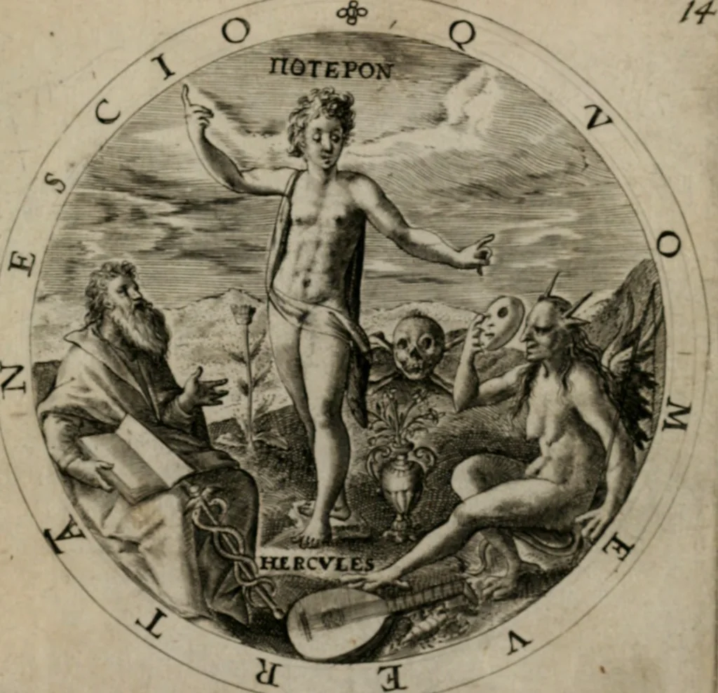 An illustration from Nucleus emblematum selectissimorum : quae Itali vulgo impresas vocant priuata industria studio singulari, vndiq[e] conquisitus, non paucis venustis inuentionibus auctus, additis carminib[us] illustratus, 1611, leaf 40