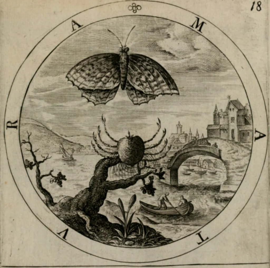 An illustration from Nucleus emblematum selectissimorum : quae Itali vulgo impresas vocant priuata industria studio singulari, vndiq[e] conquisitus, non paucis venustis inuentionibus auctus, additis carminib[us] illustratus, 1611, leaf 48