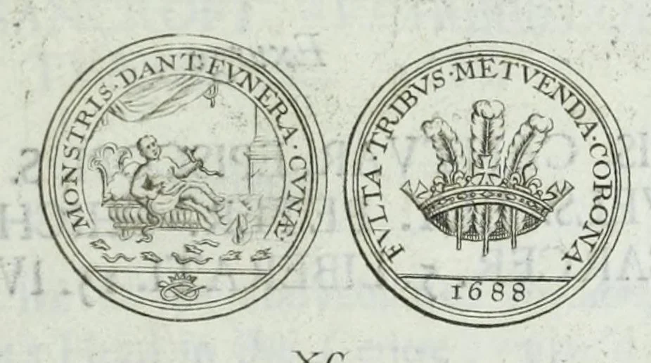 An illustration from Numismata. A discourse of medals, antient and modern. Together with some account of heads and effigies of illustrious, and famous persons, in sculps and tailledouce, of whom we have no medals extant; and of the use to be derived from them. To which is added a digression concerning physiognomy, 1697, leaf 165