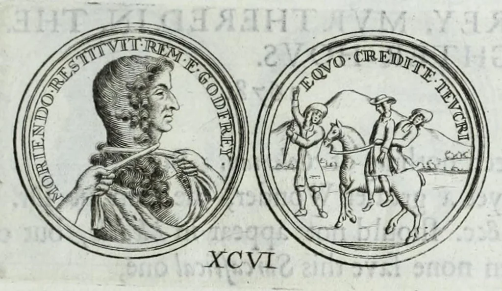 An illustration from Numismata. A discourse of medals, antient and modern. Together with some account of heads and effigies of illustrious, and famous persons, in sculps and tailledouce, of whom we have no medals extant; and of the use to be derived from them. To which is added a digression concerning physiognomy, 1697, leaf 185