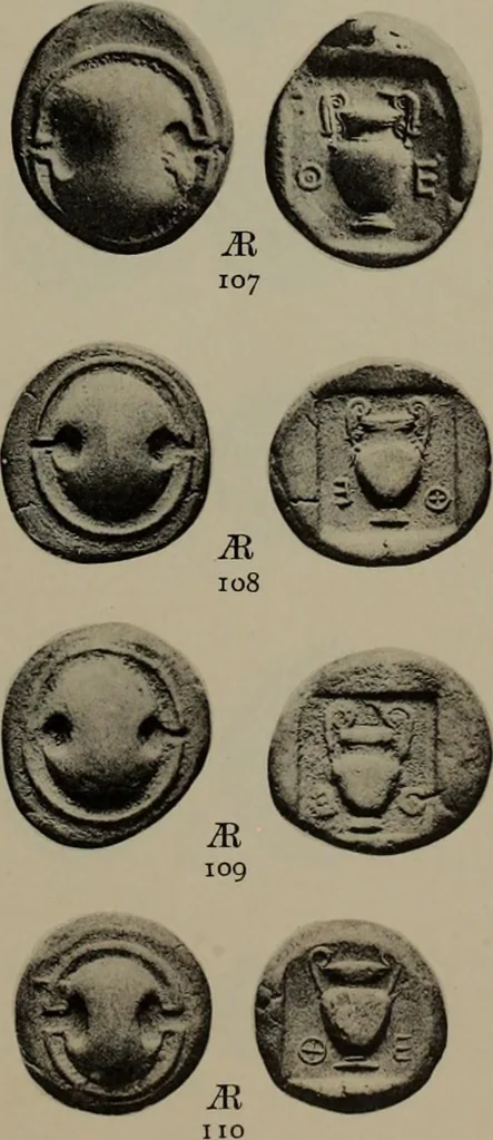 An illustration from Numismata graeca; Greek coin-types, classified for immediate identification, 1910, leaf 172
