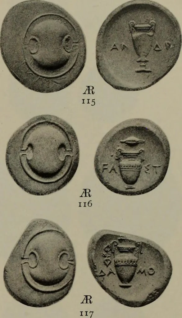 An illustration from Numismata graeca; Greek coin-types, classified for immediate identification, 1910, leaf 172