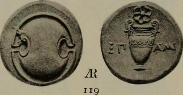 An illustration from Numismata graeca; Greek coin-types, classified for immediate identification, 1910, leaf 172