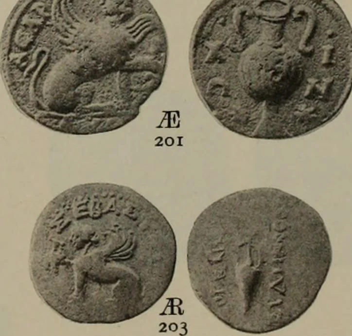 An illustration from Numismata graeca; Greek coin-types, classified for immediate identification, 1910, leaf 174
