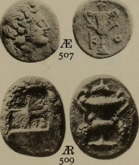 An illustration from Numismata graeca; Greek coin-types, classified for immediate identification, 1910, leaf 184