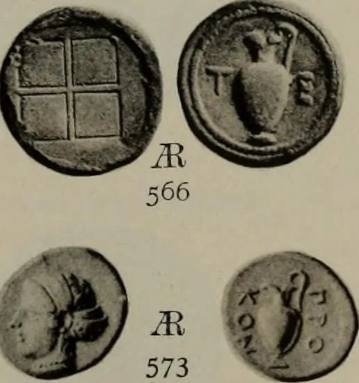 An illustration from Numismata graeca; Greek coin-types, classified for immediate identification, 1910, leaf 186