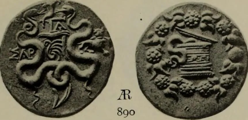 An illustration from Numismata graeca; Greek coin-types, classified for immediate identification, 1910, leaf 196