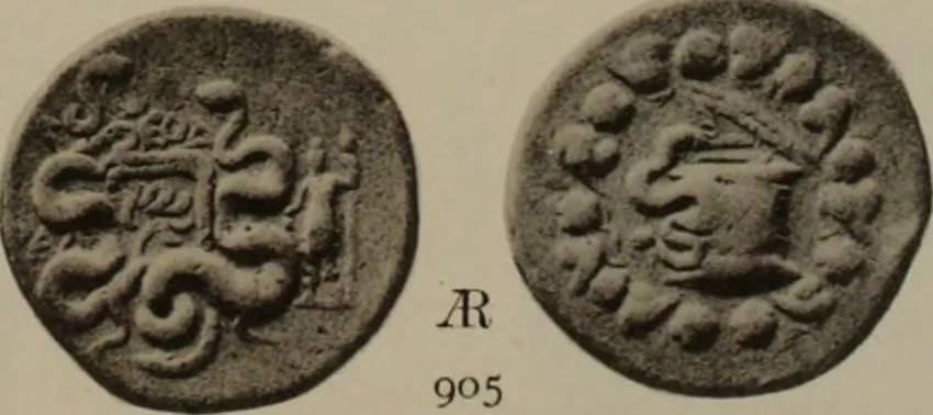 An illustration from Numismata graeca; Greek coin-types, classified for immediate identification, 1910, leaf 196