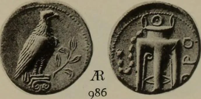 An illustration from Numismata graeca; Greek coin-types, classified for immediate identification, 1910, leaf 200