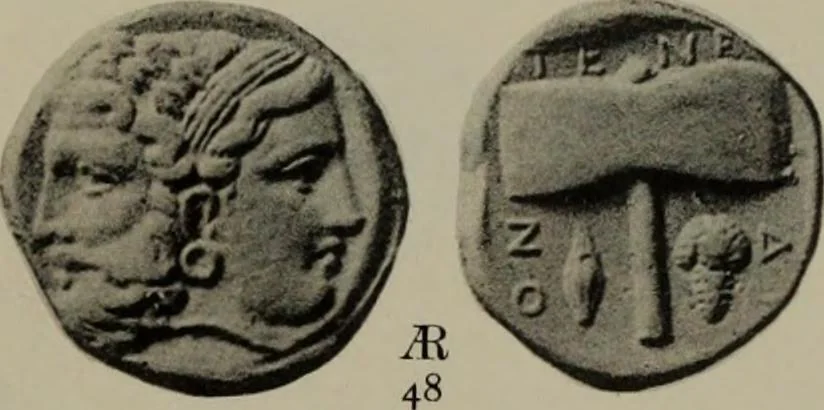 An illustration from Numismata graeca; Greek coin-types, classified for immediate identification, 1910, leaf 358