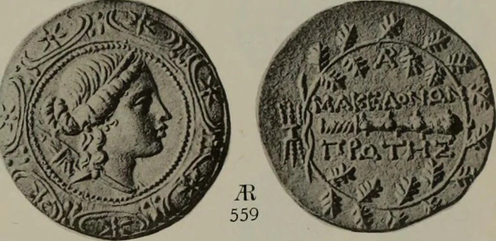 An illustration from Numismata graeca; Greek coin-types, classified for immediate identification, 1910, leaf 374