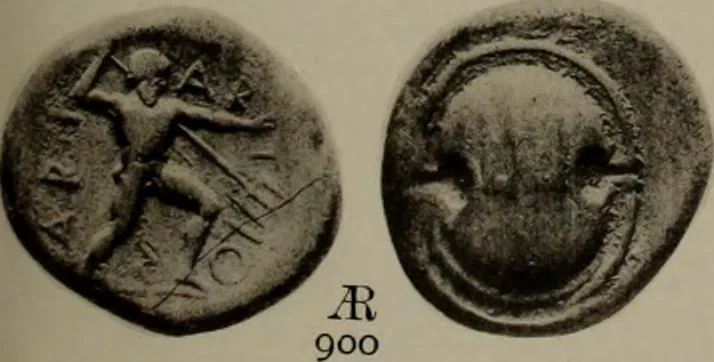 An illustration from Numismata graeca; Greek coin-types, classified for immediate identification, 1910, leaf 388