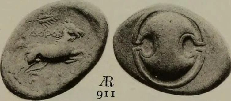 An illustration from Numismata graeca; Greek coin-types, classified for immediate identification, 1910, leaf 388