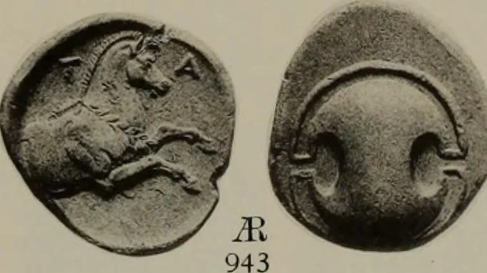 An illustration from Numismata graeca; Greek coin-types, classified for immediate identification, 1910, leaf 390