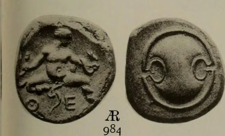 An illustration from Numismata graeca; Greek coin-types, classified for immediate identification, 1910, leaf 394