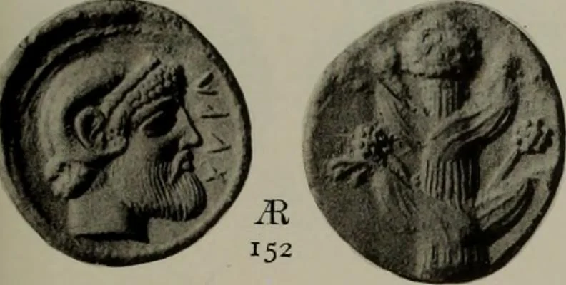 An illustration from Numismata graeca; Greek coin-types, classified for immediate identification, 1910, leaf 586