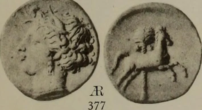 An illustration from Numismata graeca; Greek coin-types, classified for immediate identification, 1910, leaf 596