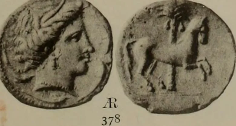 An illustration from Numismata graeca; Greek coin-types, classified for immediate identification, 1910, leaf 596