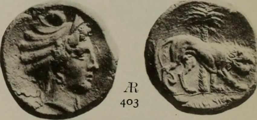 An illustration from Numismata graeca; Greek coin-types, classified for immediate identification, 1910, leaf 598