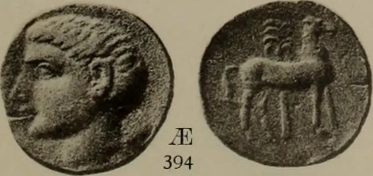 An illustration from Numismata graeca; Greek coin-types, classified for immediate identification, 1910, leaf 598